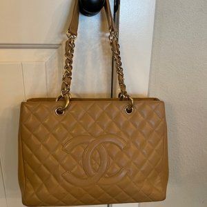 Authentic Chanel Beige Caviar GST Grand Shopping Tote Gold HW